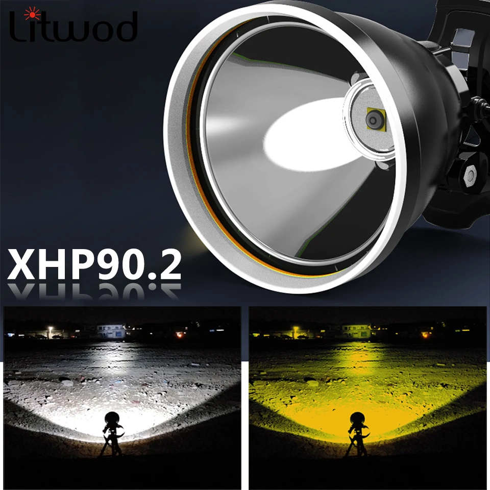 Xhp90.2 White Yellow Color Led Headlamp Headlight Head Lamp Flashlight Torch 32W Bulbs 3* 18650 Battery Power Bank 7800mah Light | Лампы и