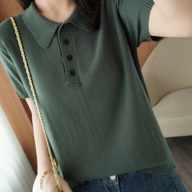 New Cotton Short Sleeve Knitted T-shirt Girl Doll Collar Pullover Loose Tshirt Sweater Tops Solid Color Bottom Befree Plus Size
New Cotton Short Sleeve Knitted T-shirt Girl Doll Collar Pullover Loose Tshirt Sweater Tops Solid Color Bottom Befree Plus Size