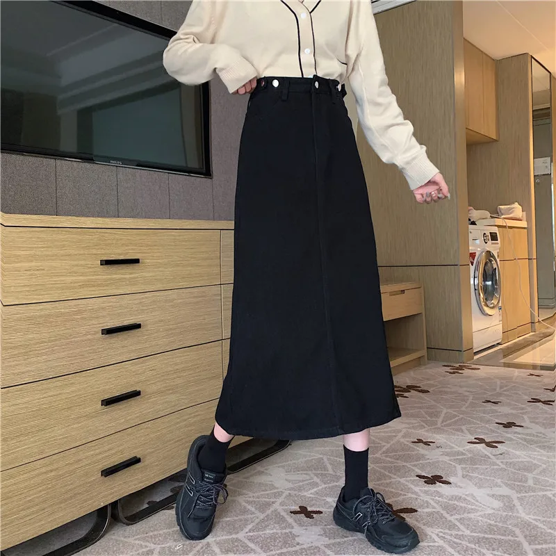 Women Long Black Skirt Spring Autumn Casual High Waist Split Denim Skirt with Buttons Woman Sweet A-Line Mid Length Skirt
Women Long Black Skirt Spring Autumn Casual High Waist Split Denim Skirt with Buttons Woman Sweet A-Line Mid Length Skirt