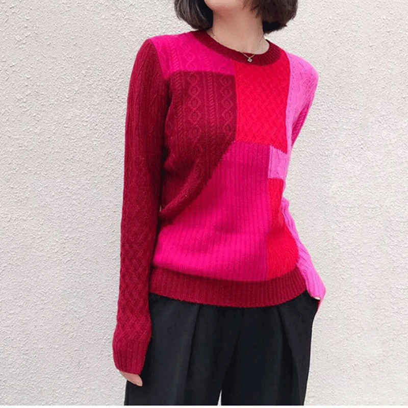 Женский свитер с геометрическим рисунком крутой составного кроя длинным рукавом