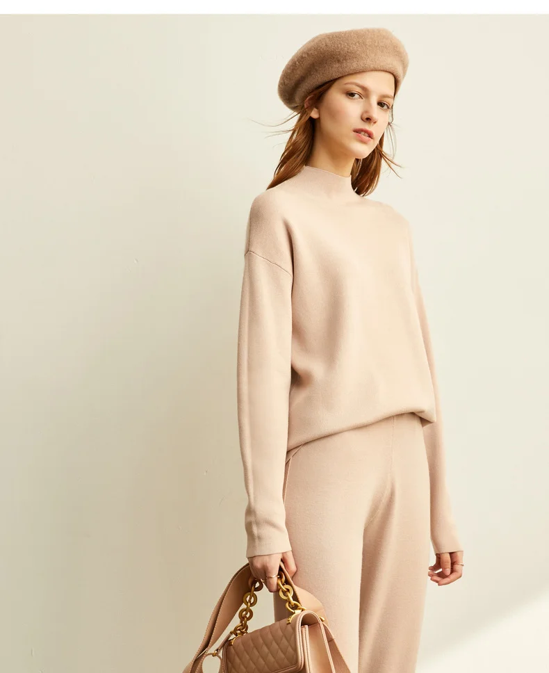 Amii minimalist Korean fashion knitting suit womens new half high neck sweater soft knit pant 11940516