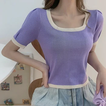 

Women Short Puff Sleeve Cropped Tee Shirts Lady Fashion Stretchy Crop Tops Knitted Patched Square Collar T-shirts Girls Summer