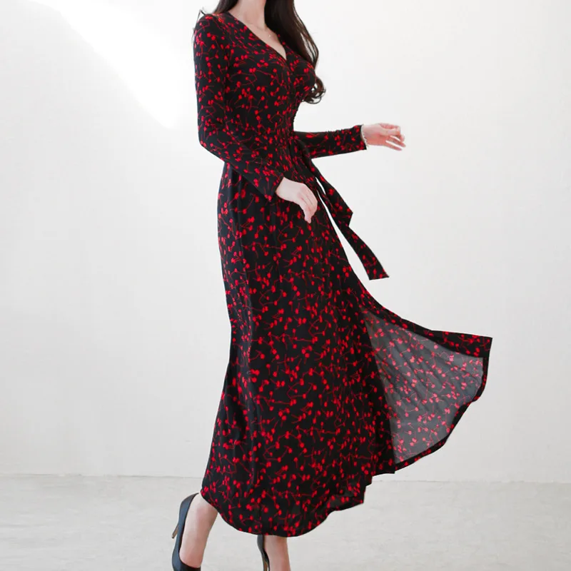 2019 Spring And Summer Korean-style Elegant V-neck Slim Fit Lace-up Slit Printed Retro Long Skirts Fashion Dress Women's
2019 Spring And Summer Korean-style Elegant V-neck Slim Fit Lace-up Slit Printed Retro Long Skirts Fashion Dress Women's