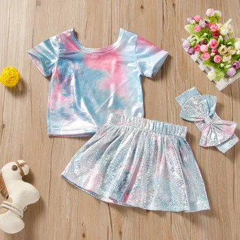 Fashion Baby Tie Dye Clothes Set with Bows for Girls Toddler Shiny Color T-shrit and Skirt 2pcs Clothes Outfit for Kids 
Fashion Baby Tie Dye Clothes Set with Bows for Girls Toddler Shiny Color T-shrit and Skirt 2pcs Clothes Outfit for Kids