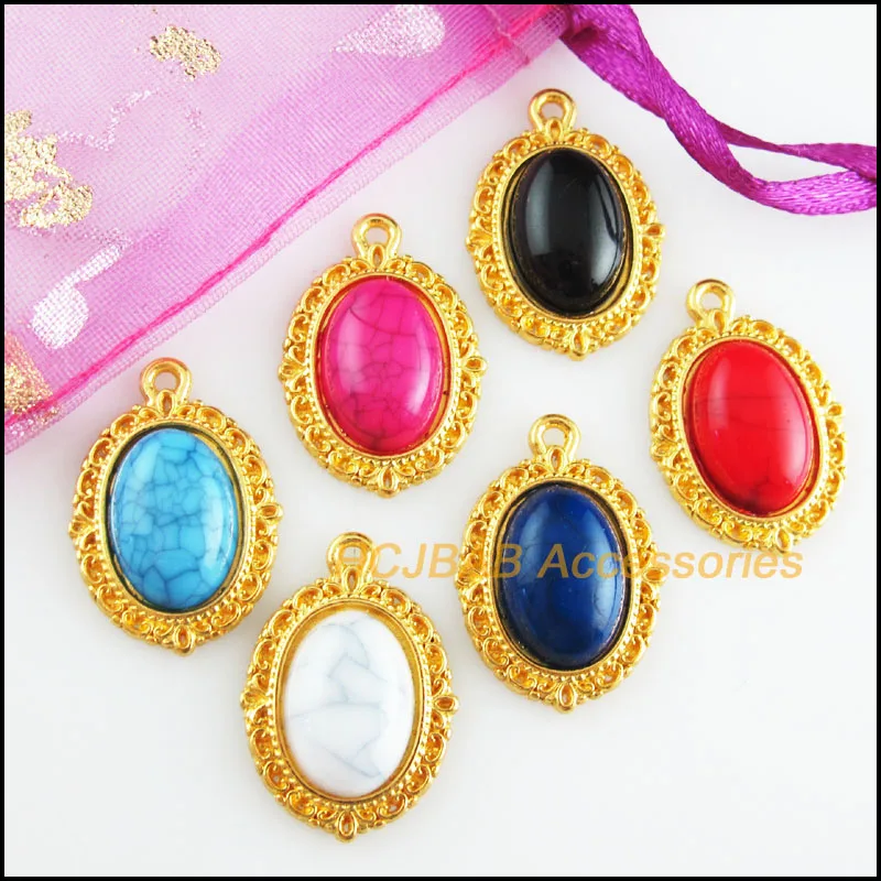 

12 New Oval Charms Gold Color Retro Flower Mixed Acrylic Pendants 16.5x23mm