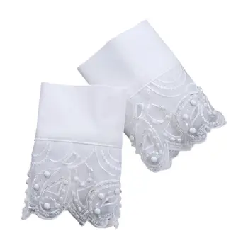 

Korean Navy Style Women Decorative Sleeve False Cuffs Wavy Embroidery Lace Beading Embellished Detachable Wrist Warmer