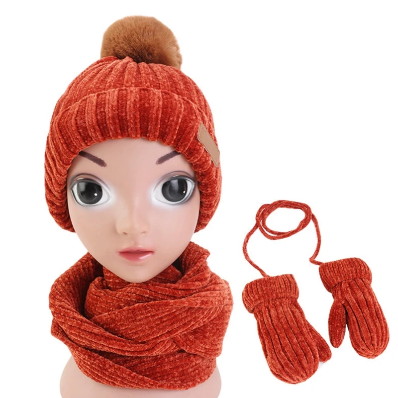 

Children Kids Winter Warm Beanie Hat Long Scarf Gloves Set Chenille Velvet Knit Plush Lined Solid Pompom Skull Cap Neck Warmer