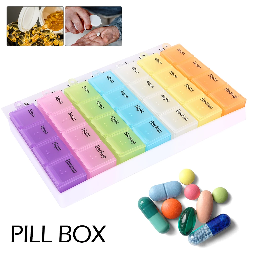 Pill Box 7 Day Mini Stash Box 28 Compartment Large Capacity Medicine Organiser for Vitamin Fish Oil Supplements Medication
Pill Box 7 Day Mini Stash Box 28 Compartment Large Capacity Medicine Organiser for Vitamin Fish Oil Supplements Medication