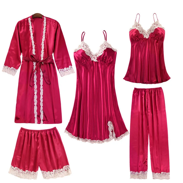 Комплект пижамный женский атласный из 5 предметов пикантная кружевная одежда для