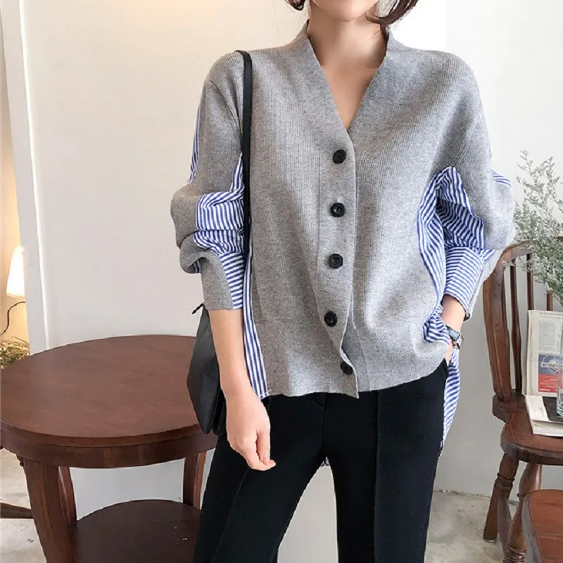 

CBAFU casual stripped patchwork knitted cardigans single button plus size jacket female coat autumn winter korea retro P294