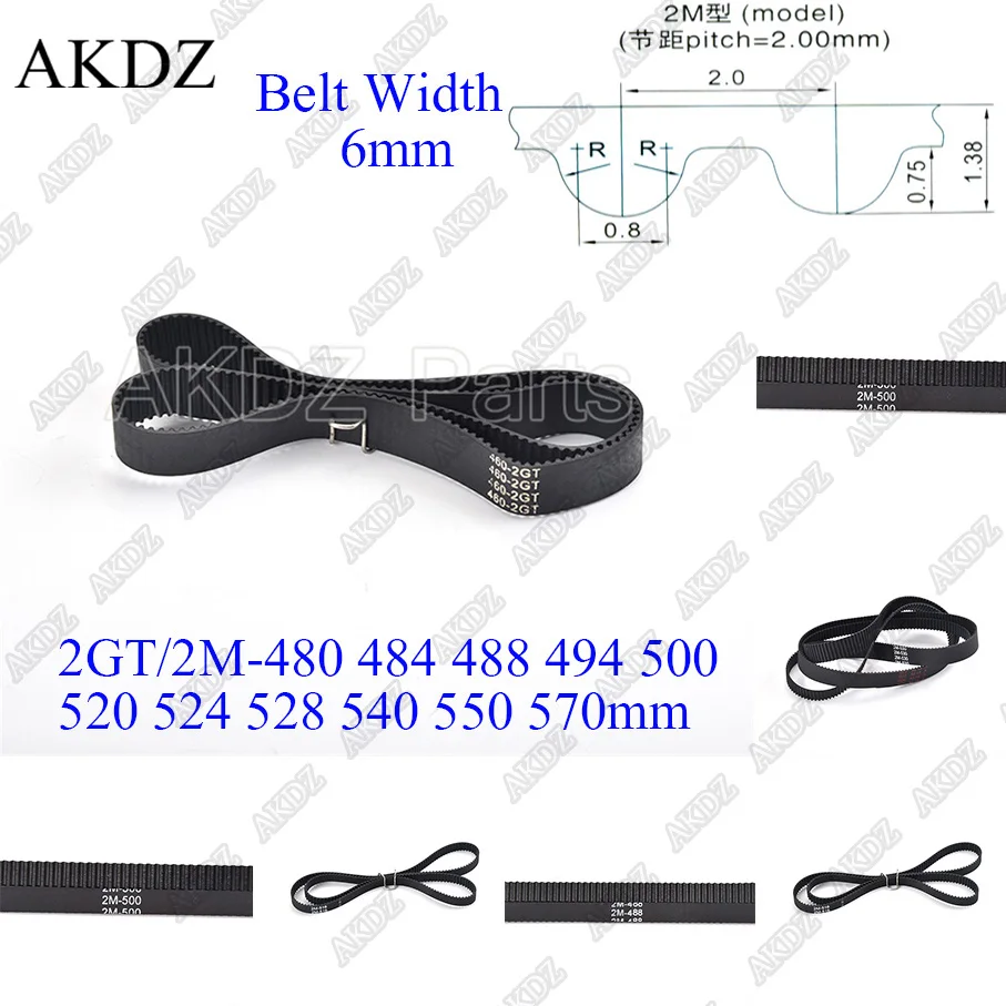 

2MGT 2M 2GT Synchronous Timing belt Pitch length 480 484 488 494 500 520 524 528 540 550 570 width 6mm Rubber closed
