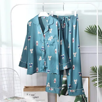 Bear Print 2 Pieces Autumn Women Sleepwear Faux Silk Satin Pajamas Set Long Sleeve Pajamas for women Ladies Pyjamas
Bear Print 2 Pieces Autumn Women Sleepwear Faux Silk Satin Pajamas Set Long Sleeve Pajamas for women Ladies Pyjamas