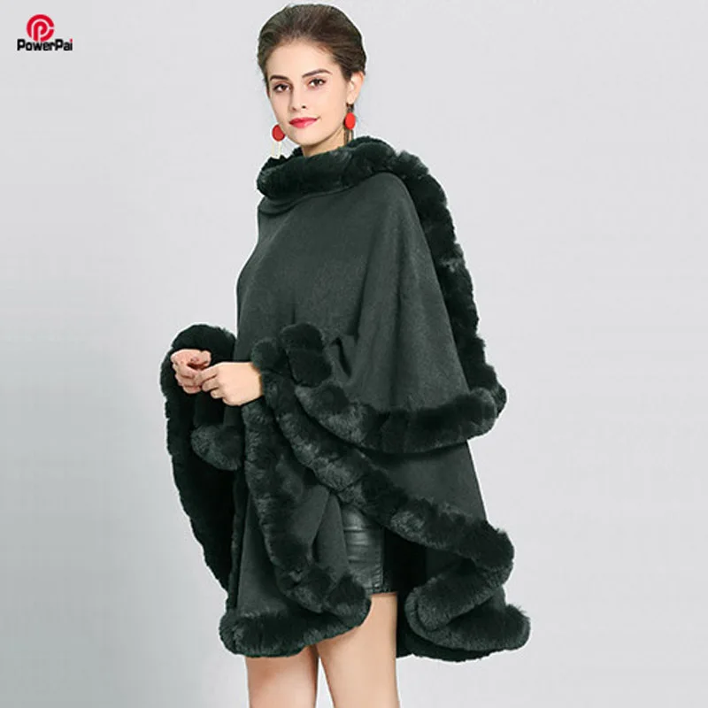 

Fashion Handcraft Full Trim Faux Rex Rabbit Fur Cape Coat Loose Knit Cashmere Cloak Shawl Women Fall Winter New Pallium Outwear
