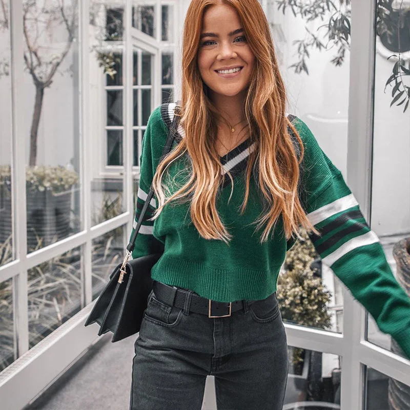 ALLNeon Fashion Green Sweaters for Women V-neck Striped Long Sleeve Knitted Cropped Sweaters Fashion Fall 2019 Ladies Jumpers
ALLNeon Fashion Green Sweaters for Women V-neck Striped Long Sleeve Knitted Cropped Sweaters Fashion Fall 2019 Ladies Jumpers