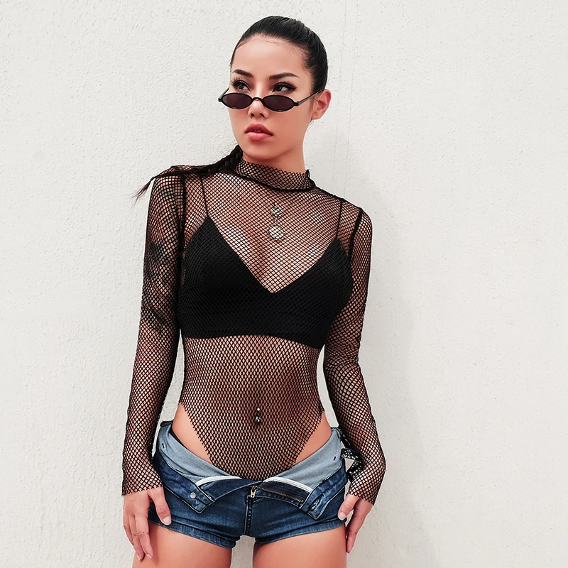 Rockmore Mesh Sexy See Through Bodysuits Women Fishnet Transparent Body Femme Long Sleeve Bodysuit Top Playsuit Nightclub Bodies