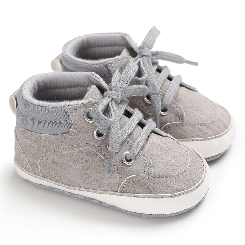 

Newborn Baby Boy Shoes Crib Toddler Infant Gray Leather Sport Lace-up Soft Sole Anti-slip 0-18 Months First Walker High Boots