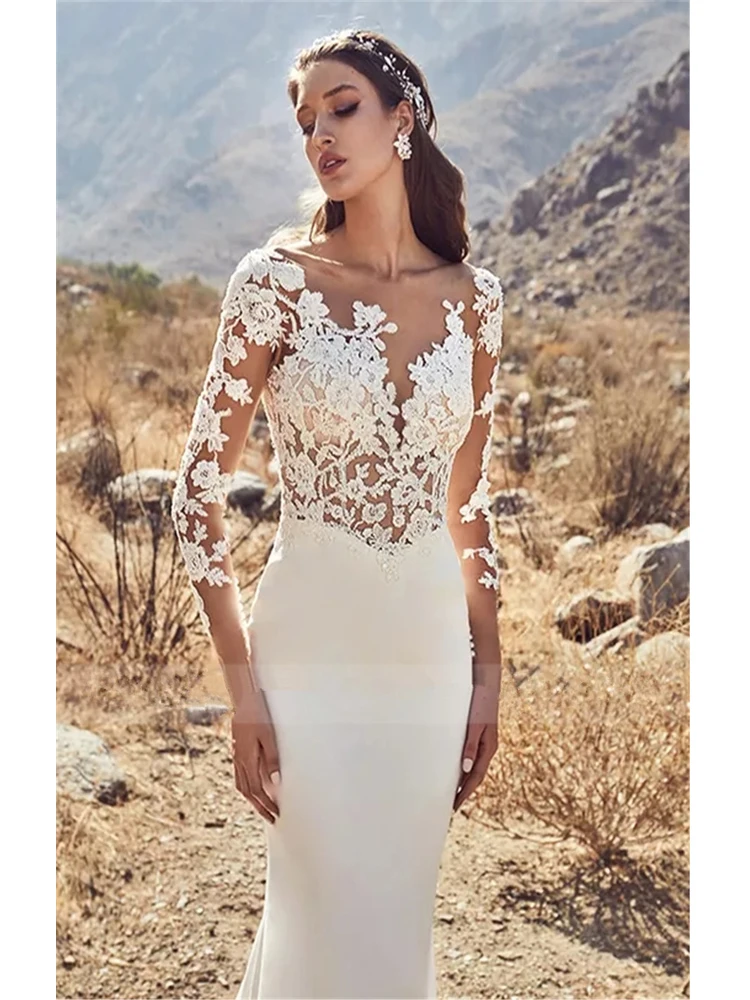 vestido novia Elegant Backless Mermaid Wedding Dress Long Sleeves Lace Appliques Wedding Gown White Ivory Stain Bride Dresses (5)