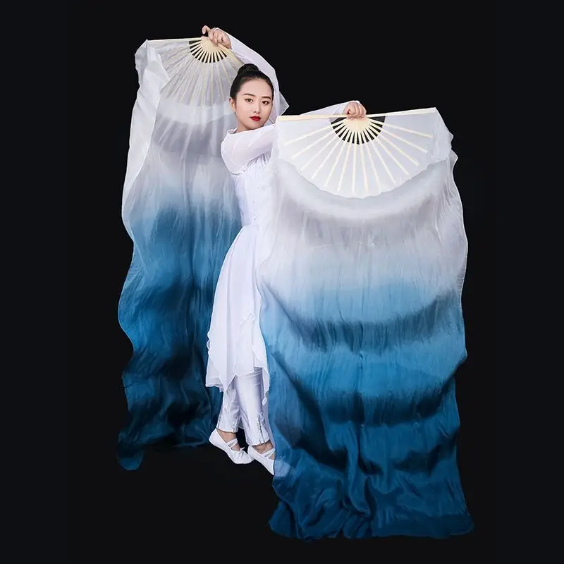 

New Arrivals Women Belly Dance Fan Veil Hand Made White Navy Blue Gradient Silk Veil Pairs 180x90cm Girls Women Stage Show Props