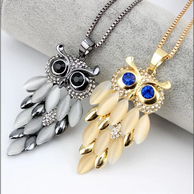 Vintage Long Chain Charming Bordered Alloy Opal Owl Pendant Necklace For Women choker Lady Girls Sweater | Украшения и аксессуары