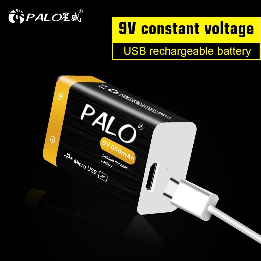

PALO Constant Voltage 9V battery 650mAh Li-ion Rechargeable Micro USB 6f22 Batteries 9v Lithium For Multimeter Microphone Toy