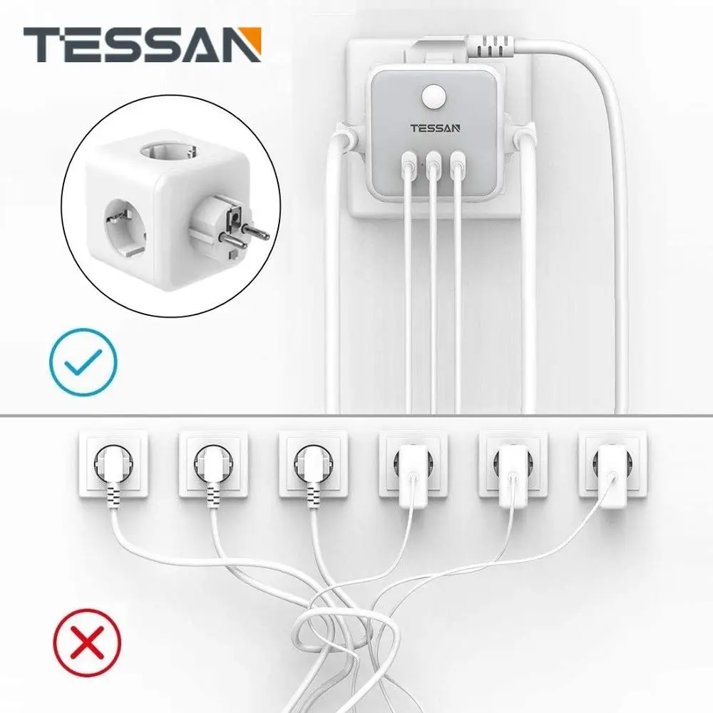 TESSAN EU Wall Socket Power Strip with 3 USB Ports + Sockets Overload protection 6-in-1 on/off Switch Plug | Электроника