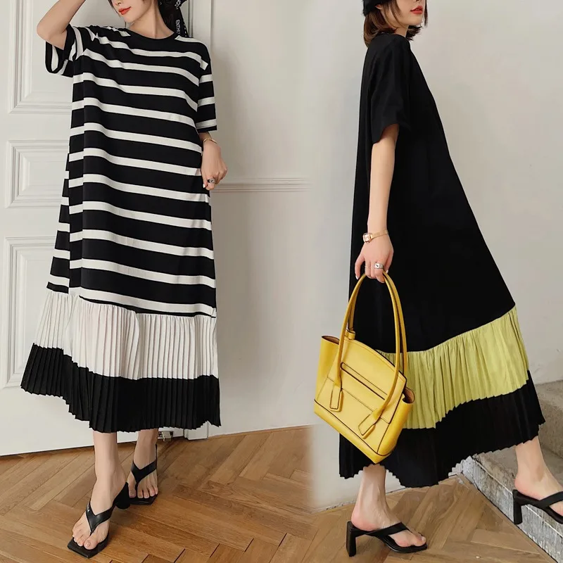 

Casual Short Sleeve Splicing Pleated Dress Women's Clothing 2024 Summer New Retro Striped Large Size Loose T-shirt Dress D1522