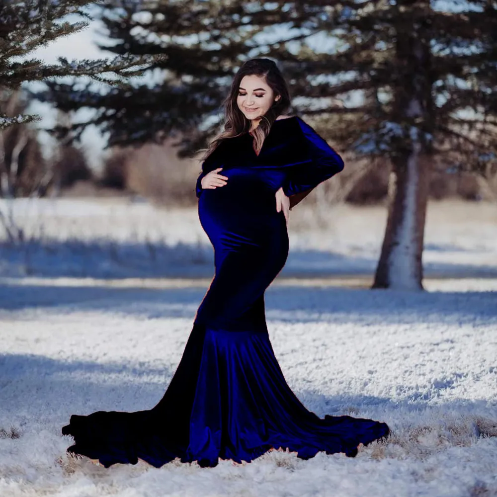

Ruffles Maternity Photography Props Long Dress Sexy Pregnancy Dresses Pleuche Pregnant Women Clothes Maxi Gown For Photo Shoots