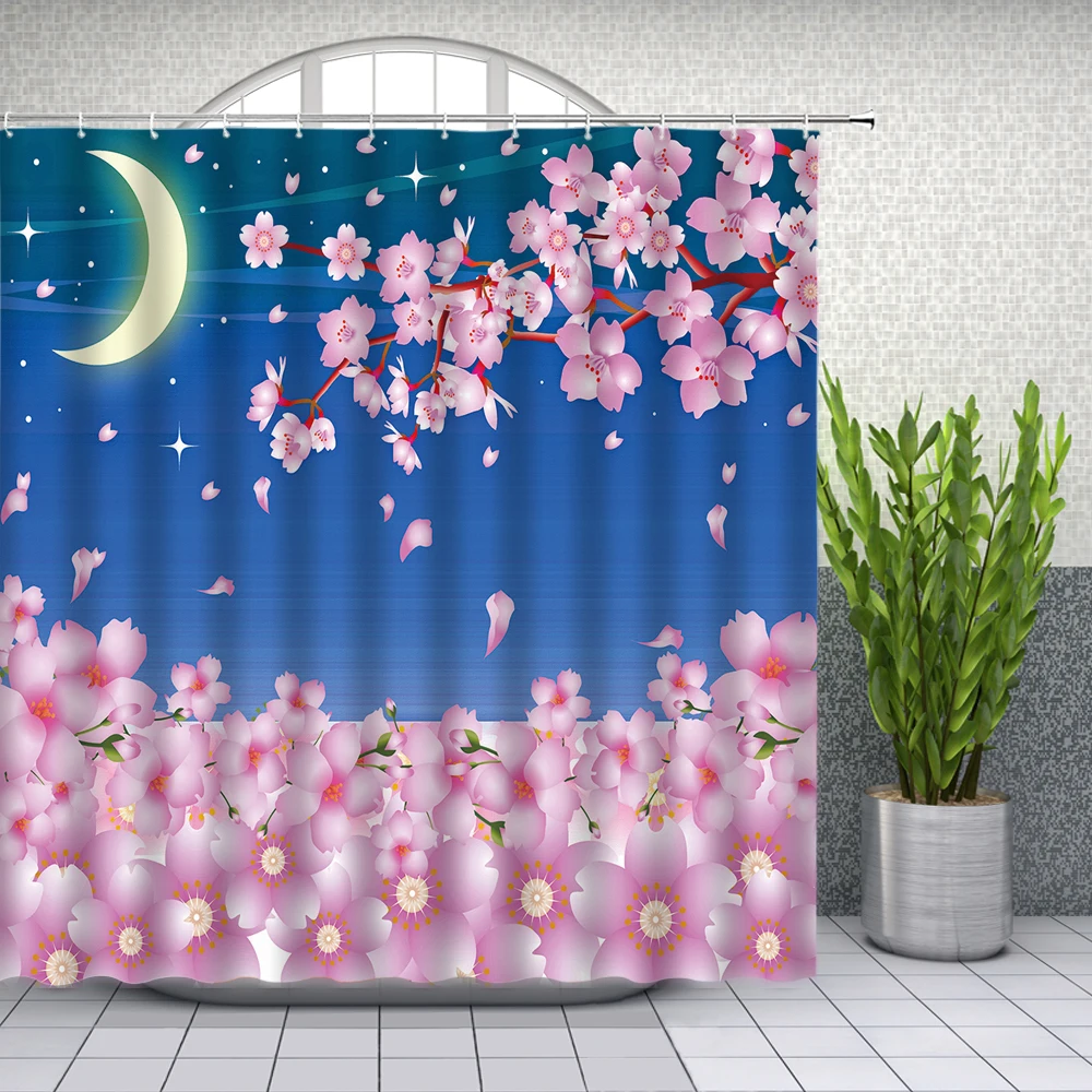 

Spring Flower Scenery Shower Curtains Cherry Blossoms Moon Stars Bathroom Decor Waterproof Mildew Proof Cloth Curtain Set Cheap