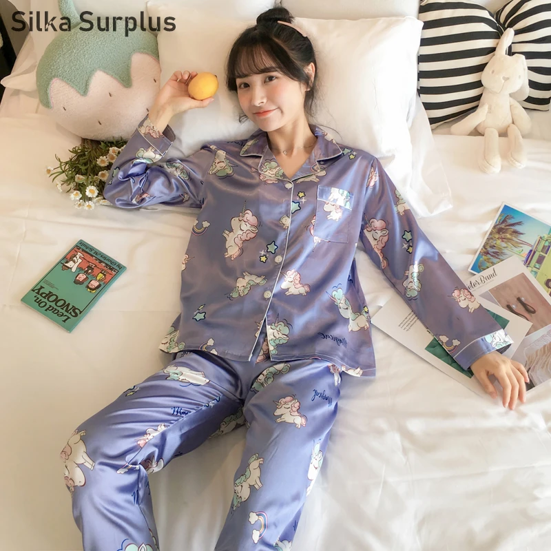 

Silka Surplus Women Pajama Set Satin Sleepwear Cartoon Print Pijama Plus Size Home Wear Silk Pyjama Long Sleeve Home Suit