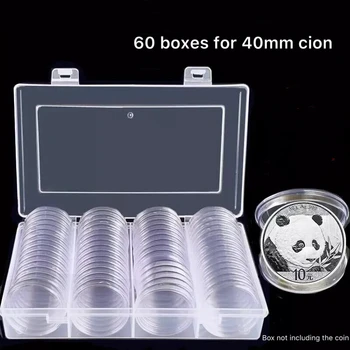 60Pcs/Box Coin Box Clear 40mm Round Boxed Coin Holder Plastic Storage Capsules Display Cases Organizer Box Coin Collecting Tools