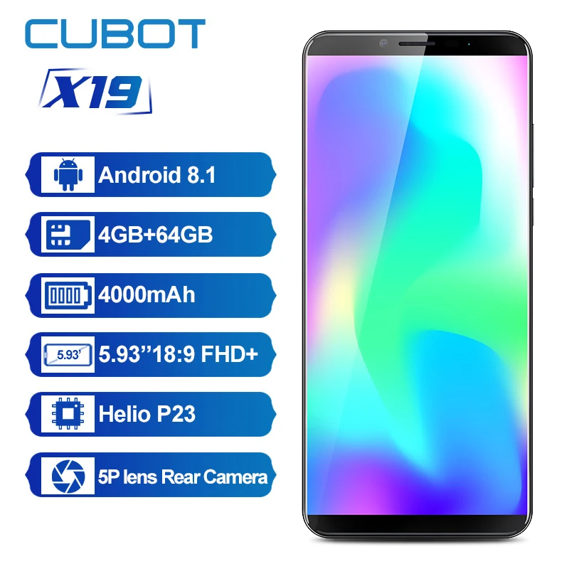 

Cubot X19 5.93'' FHD+ Mobilephone Android 8.1 Helio P23 Octa Core Smartphone 4000mAh 4GB RAM 64GB ROM 16.0MP Cellphone