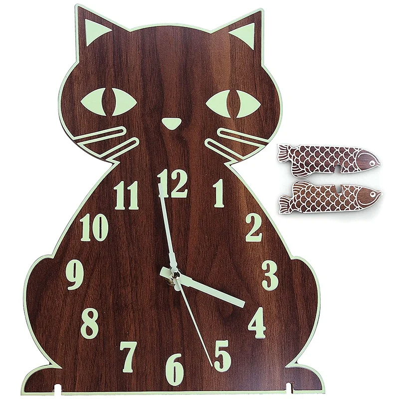 Cat themed wooden luminous wall clock2