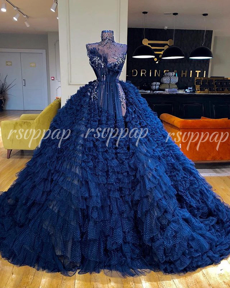 Long Women Formal Gowns Ball Gown Puffy See Through High Neck Beaded Arabic Ladies Navy Blue Women Evening Dresses 2020
Long Women Formal Gowns Ball Gown Puffy See Through High Neck Beaded Arabic Ladies Navy Blue Women Evening Dresses 2020