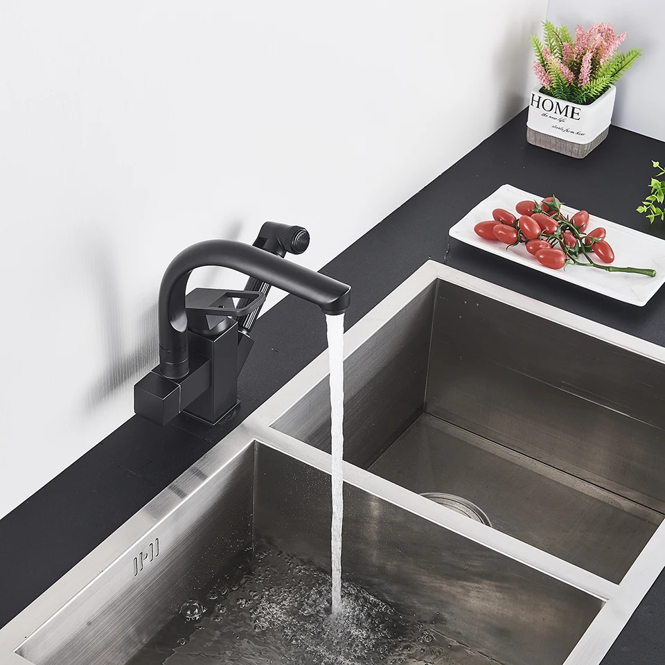 Uythner Black Kitchen Faucets Dual Spout Pull Out Kitchen Tap With Spray Kitchen Water Taps Hot&Cold Water Mixer Deck Mounted