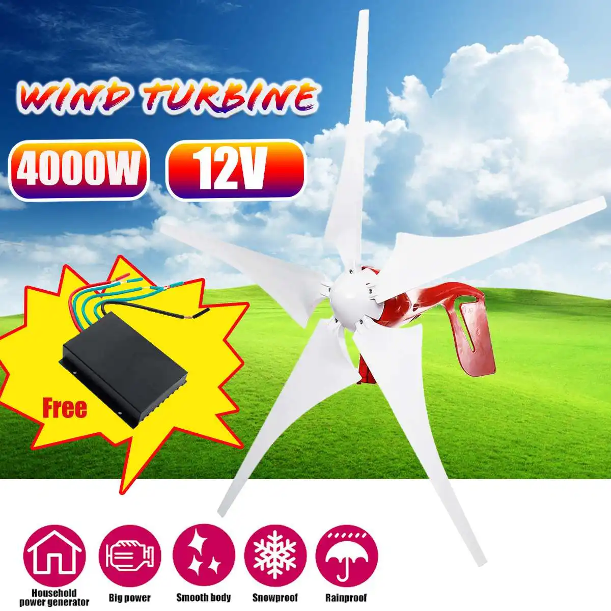 4000W 12/24V Wind turbines Permanent Wind Power Generator 5 Windmill Blades Horizontal Power Generator With Controller
4000W 12/24V Wind turbines Permanent Wind Power Generator 5 Windmill Blades Horizontal Power Generator With Controller