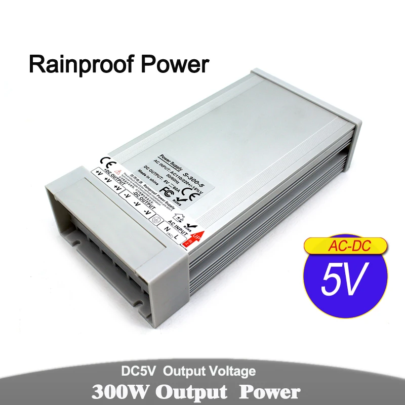 Rainproof Power Supply DC 5V 60A 300W Driver Transformer 220v 110v AC DC5V Outdoor Power Adapter for LED Strip Modules USB Light
Rainproof Power Supply DC 5V 60A 300W Driver Transformer 220v 110v AC DC5V Outdoor Power Adapter for LED Strip Modules USB Light