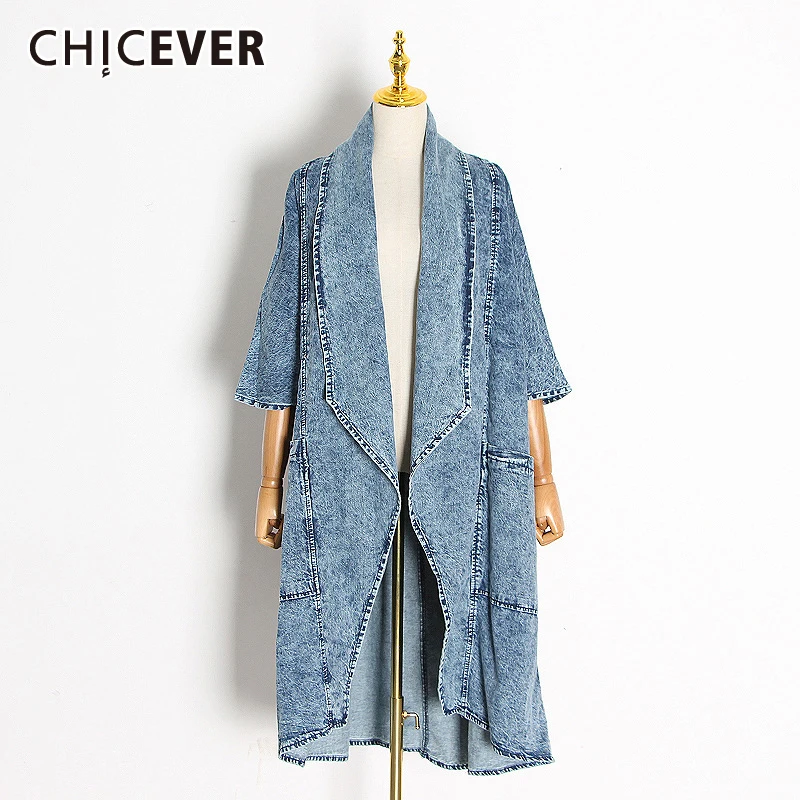 

CHICEVER Blue Denim Trench For Women Lapel Batwing Three Quarter Sleeve Loose Big Size Windbreakers Female 2021 Autumn Clothing