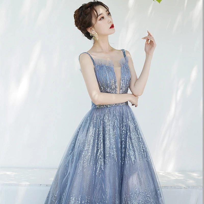 A Line Gray Long Prom Dresses 2020 Vestidos De Gala Sexy New Glitter Evening Party Gown Dress