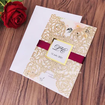 50pc Rose Gold Glittery Laser Cut Wedding Party Invitation with Burgundy Ribbon and Tag Personalized Print Quinceanera Invites 
50pc Rose Gold Glittery Laser Cut Wedding Party Invitation with Burgundy Ribbon and Tag Personalized Print Quinceanera Invites