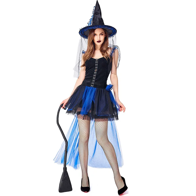 Соблазнительное черно-синее платье с ведьмой карнавальные костюмы на Хэллоуин