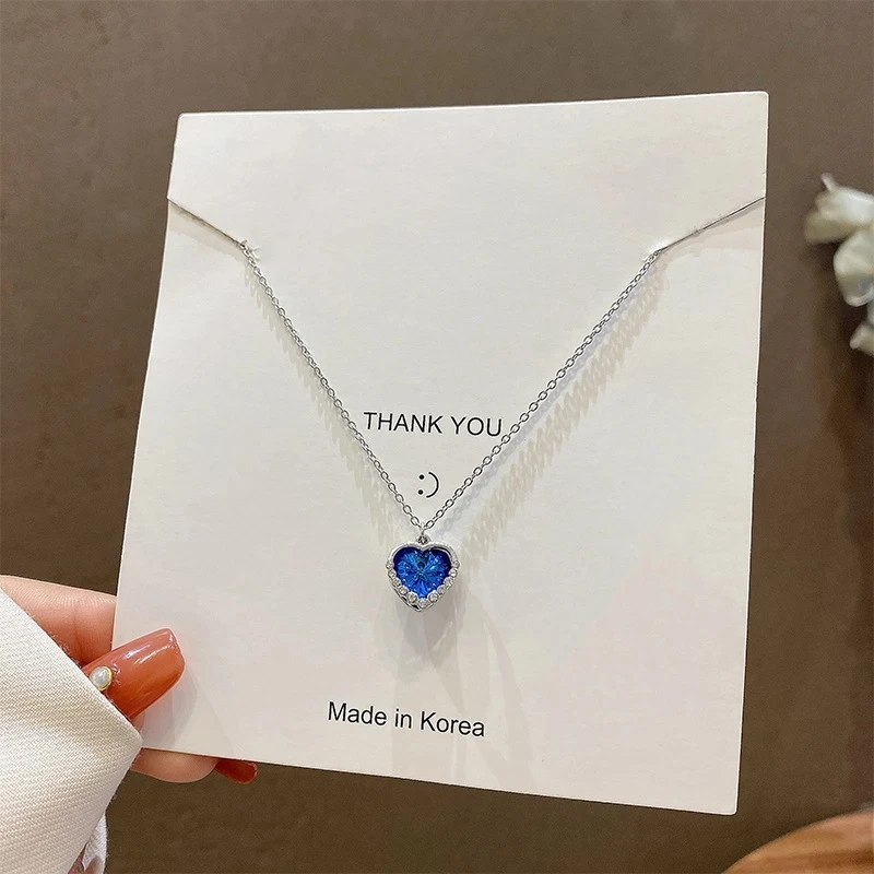 Фото Ожерелье-цепочка из серебра 925 пробы с милым синим сердцем для женщин и девушек