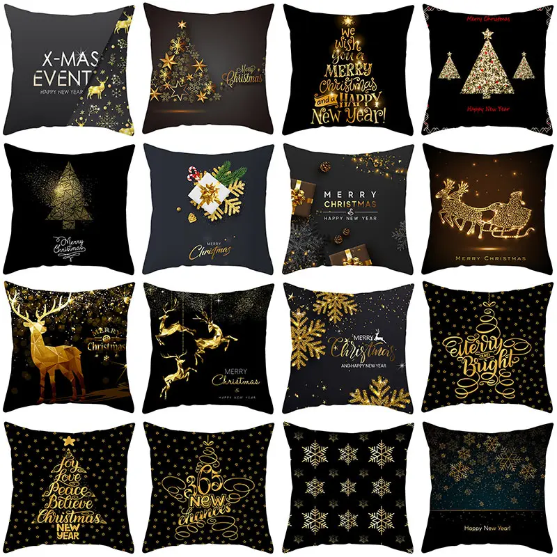 1Pcs Golden Christmas Tree Deer Santa Claus Pattern 45*45cm Polyester Cushion Cover Decorative Sofa Home Decor Pillowcover 40992 | Дом и сад