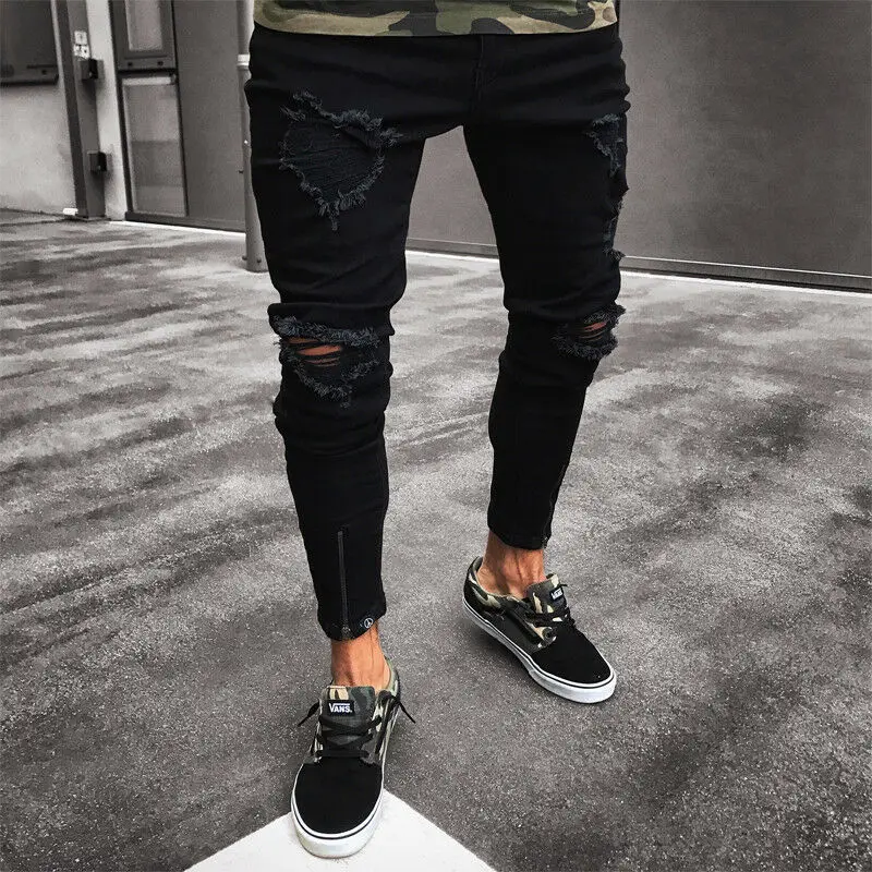 Hip Hop Destroyed Frayed Slim Fit Black Denim Pants Mens Cool Designer Zipper Ripped Skinny Jeans
Hip Hop Destroyed Frayed Slim Fit Black Denim Pants Mens Cool Designer Zipper Ripped Skinny Jeans