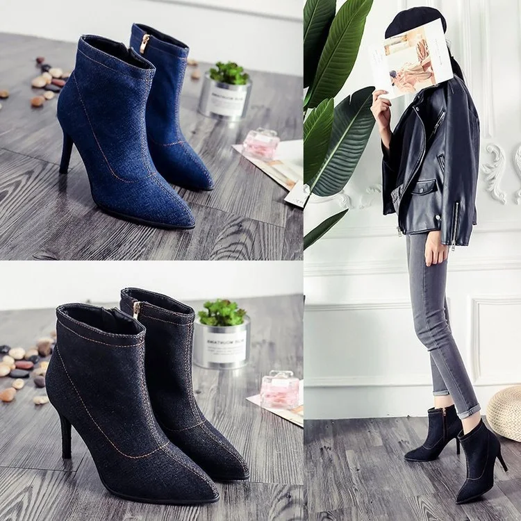 2018 Autumn And Winter New Style Short Boots Denim Thin Heeled Pointed High Heels Boots Ankle Boots Large Size Martin Boots 
2018 Autumn And Winter New Style Short Boots Denim Thin Heeled Pointed High Heels Boots Ankle Boots Large Size Martin Boots