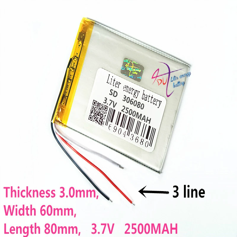 3 line Polymer lithium battery 306080 3.7V 2500MAH 306082 love landing PDA smart tablet computer polymer
3 line Polymer lithium battery 306080 3.7V 2500MAH 306082 love landing PDA smart tablet computer polymer