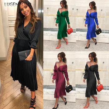 Lugentolo Women Dress Long Sleeve Pleated Solid Sexy Party V-neck Simple Fashion Lady Dinner Elegant Maxi Dresses
Lugentolo Women Dress Long Sleeve Pleated Solid Sexy Party V-neck Simple Fashion Lady Dinner Elegant Maxi Dresses