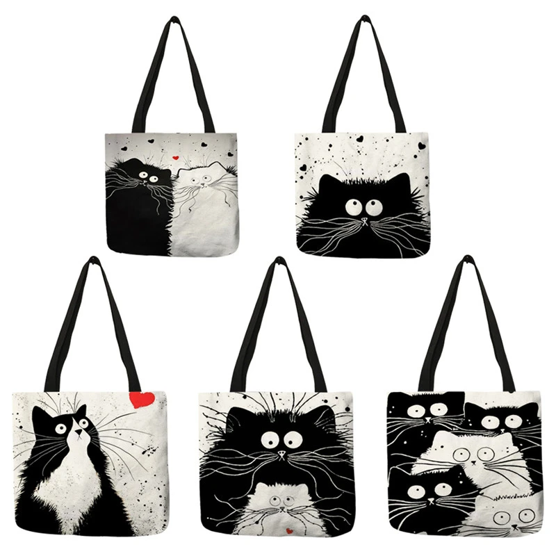 Индивидуальная сумка тоут для покупок женская с принтом милого кота льняные