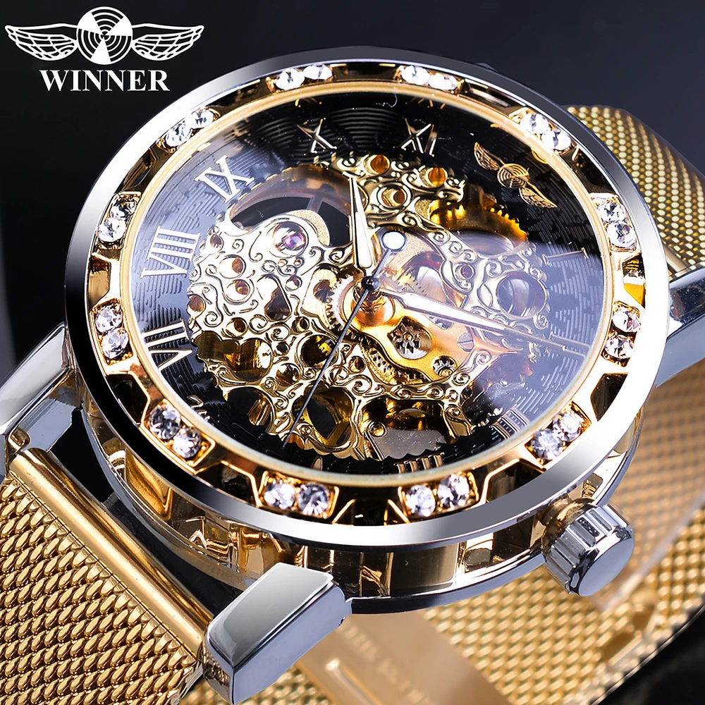 

Winner Classic Golden Hand Wind Mechainical Man Wristwatch Top Brand Luxury Rhinestone Fashion Skeleton Business Erkek Kol Saati