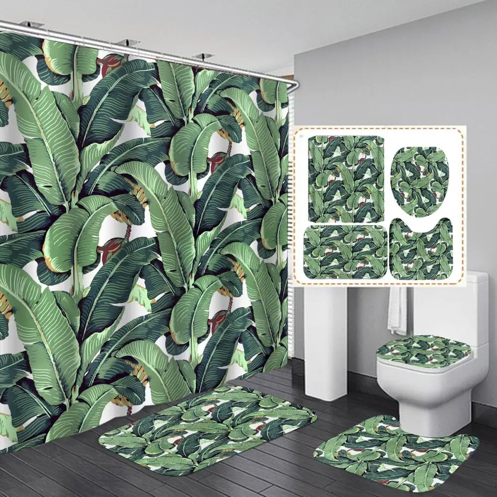Leaf Print Shower Curtain 4 Piece Carpet Cover Toilet Cover Bath Mat Pad Set Tropical Plants Bathroom Curtain with Hooks
Leaf Print Shower Curtain 4 Piece Carpet Cover Toilet Cover Bath Mat Pad Set Tropical Plants Bathroom Curtain with Hooks