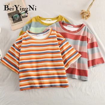 Beiyingni Vintage Women T Shirt Striped Short Sleeve Summer Crop Top Leisure Harajuku Chic Loose T-shirt Female Camiseta Mujer 
Beiyingni Vintage Women T Shirt Striped Short Sleeve Summer Crop Top Leisure Harajuku Chic Loose T-shirt Female Camiseta Mujer